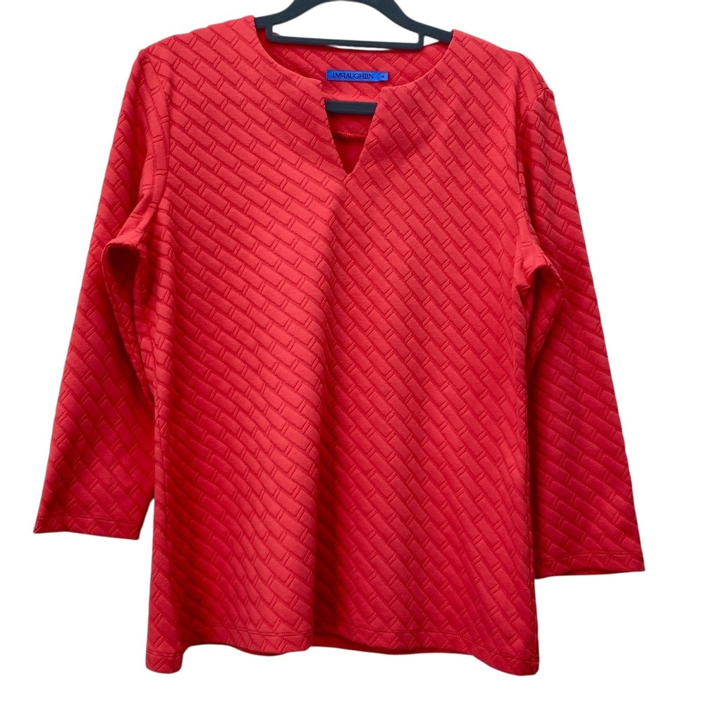 J McLaughlin Textured Tunic Top Womens Medium Salmon Pink V Notch 3/4 Sleeve